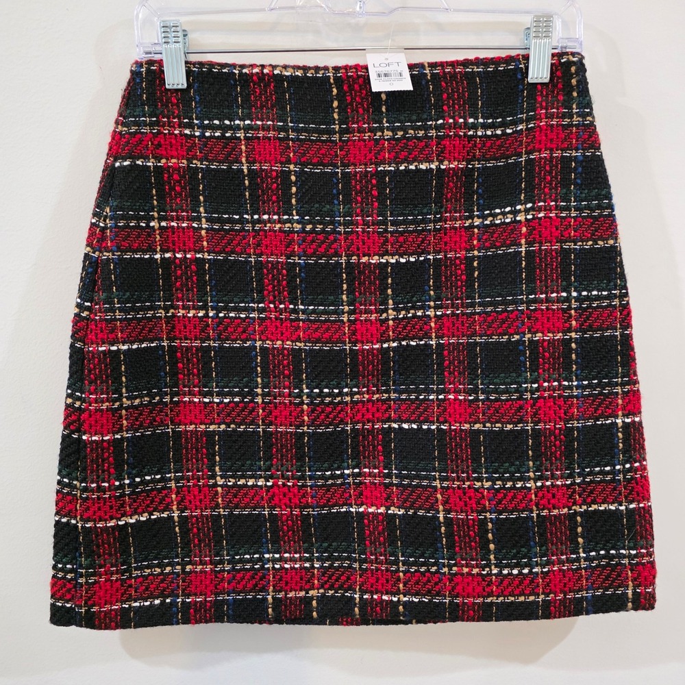 Loft Womens Plaid Skirt Size 0 Red Black Plaid Tweed‎ Academia Old Money Preppy
